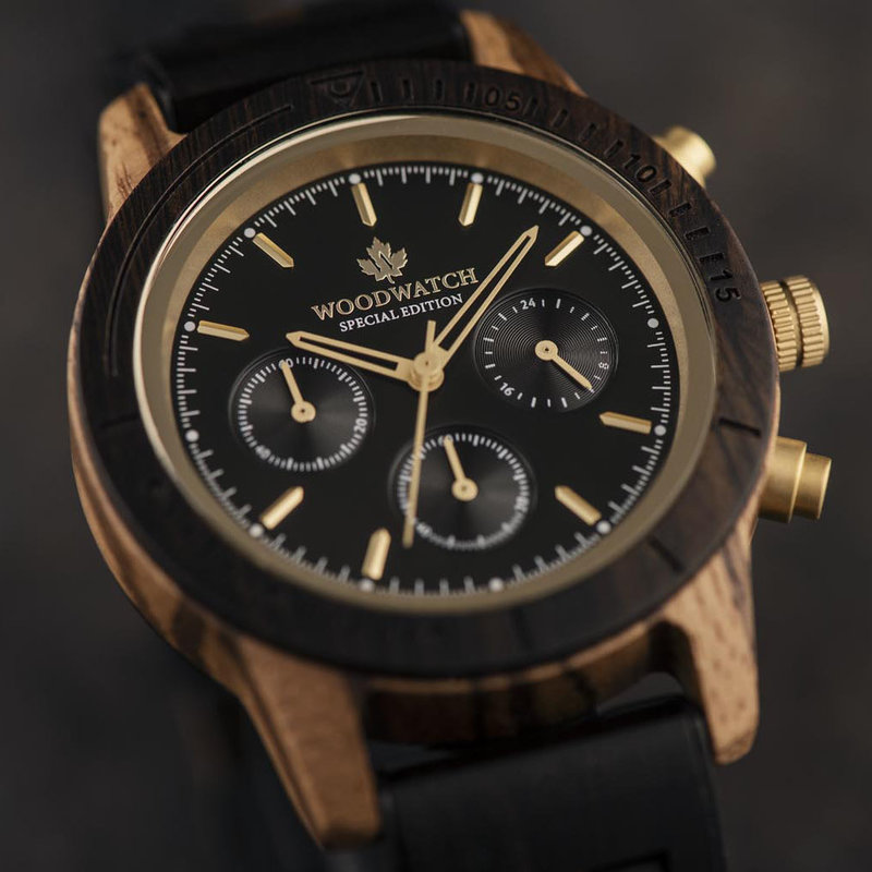 Now available in limited availability - our CHRONUS Special Edition. Made by hand from a unique combination of Ebony Wood from Eastern Africa and Zebrawood from Western Africa and featuring golden details. Only 100 pieces are available. Each watch is uniq