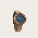 Inspired by contemporary Nordic minimalism. The NORDIC Malmo Beige features a 36mm diameter kosso wood case with a blue dial and golden details. Handmade from sustainably sourced wood combined with an ultra soft beige sustainable vegan leather strap.