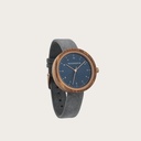 Inspired by contemporary Nordic minimalism. The NORDIC Malmo Grey features a 36mm diameter kosso wood case with a blue dial and golden details. Handmade from sustainably sourced wood combined with an ultra soft grey sustainable vegan leather strap.