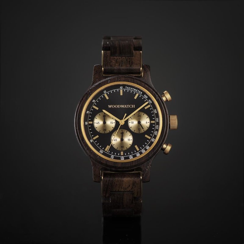 The Chrono Black Forest is made from leadwood and features a double layered deep black dial with golden details.