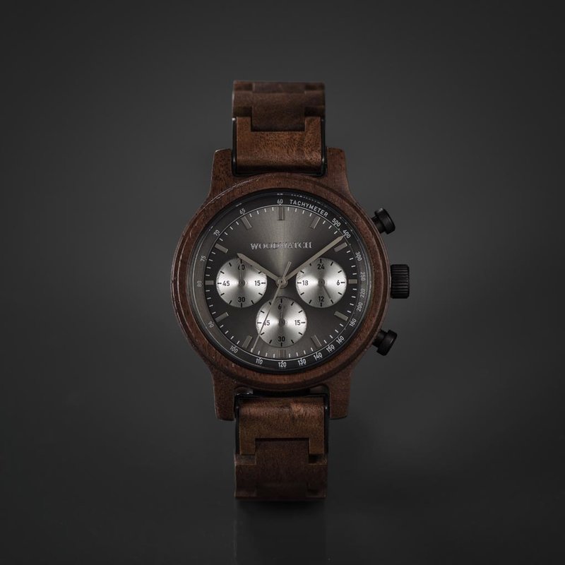 The Chrono Slate is made from acacia wood and features a double layered deep grey dial with silver details.