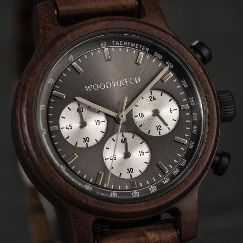 The Chrono Slate is made from acacia wood and features a double layered deep grey dial with silver details.