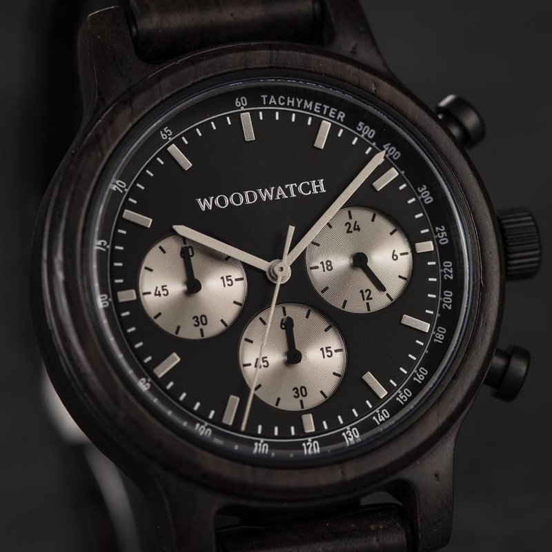 The Chrono Night Sky is made from leadwood and features a double layered deep black dial with silver details. Comes with a cactus leather strap in matching black, extremely soft and durable, made from cactus leaves from Mexico.