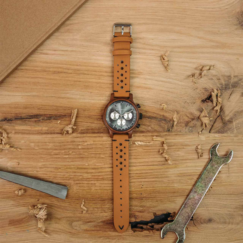 The Chrono Slate is made from acacia wood and features a double layered deep grey dial with silver details.