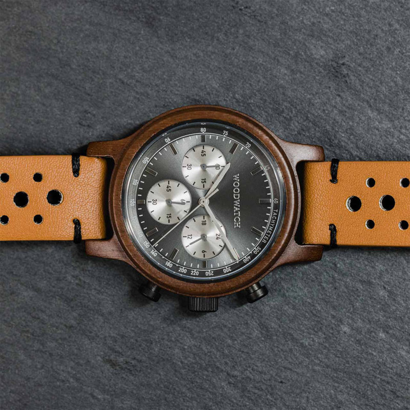 The Chrono Slate is made from acacia wood and features a double layered deep grey dial with silver details.