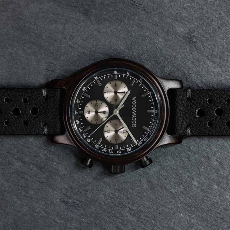 The Chrono Night Sky is made from leadwood and features a double layered deep black dial with silver details. Comes with a cactus leather strap in matching black, extremely soft and durable, made from cactus leaves from Mexico.