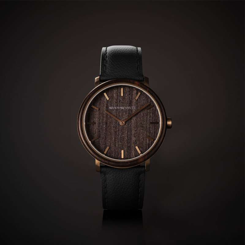 A renewed MINIMAL design with a timeless look that matches any occasion. Featuring a thin, steel case, and leadwood bezel and bronze dial. Comes with a cactus leather strap in matching black, extremely soft and durable, made from cactus leaves from Mexico