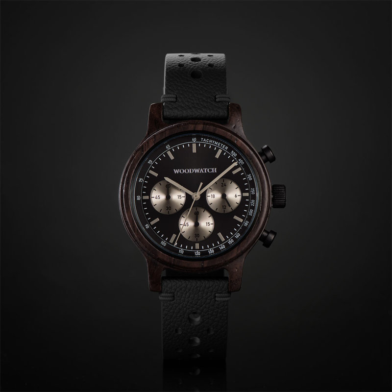 The Chrono Night Sky is made from leadwood and features a double layered deep black dial with silver details. Comes with a cactus leather strap in matching black, extremely soft and durable, made from cactus leaves from Mexico.