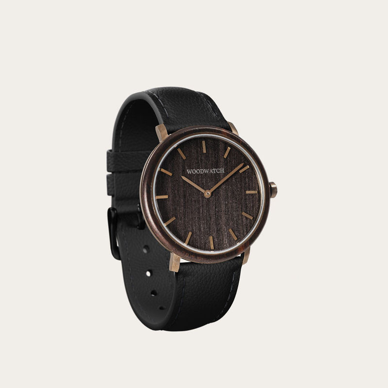 A renewed MINIMAL design with a timeless look that matches any occasion. Featuring a thin, steel case, and leadwood bezel and bronze dial. Comes with a cactus leather strap in matching black, extremely soft and durable, made from cactus leaves from Mexico