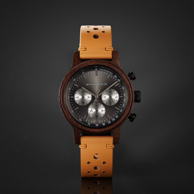 The Chrono Slate is made from acacia wood and features a double layered deep grey dial with silver details.
