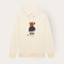 Weicher, langärmeliger Unisex-Hoodie mit doppellagiger Kapuze und Kängurutasche auf der Vorderseite. Hergestellt aus 85 % Bio-Baumwolle und 15 % recyceltem Polyester, mit ganzflächigem Harey-Druck.