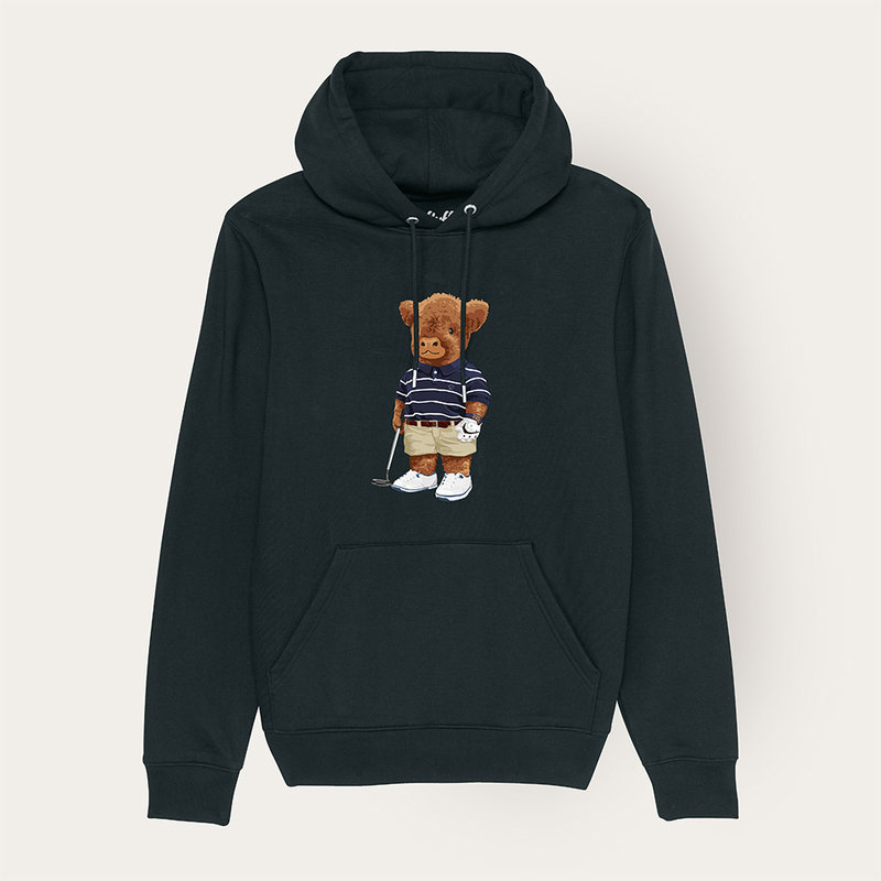 Weicher, langärmeliger Unisex-Hoodie mit doppellagiger Kapuze und Kängurutasche auf der Vorderseite. Hergestellt aus 85 % Bio-Baumwolle und 15 % recyceltem Polyester, mit ganzflächigem Harey-Druck.