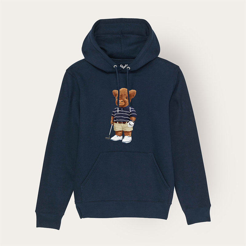 Weicher, langärmeliger Unisex-Hoodie mit doppellagiger Kapuze und Kängurutasche auf der Vorderseite. Hergestellt aus 85 % Bio-Baumwolle und 15 % recyceltem Polyester, mit ganzflächigem Harey-Druck.