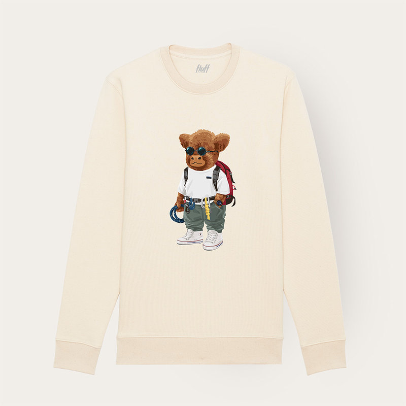 Soft unisex long-sleeved sweater with a round neck. Made of 85% organic cotton and 15% recycled polyester, featuring a full body Harvey print.