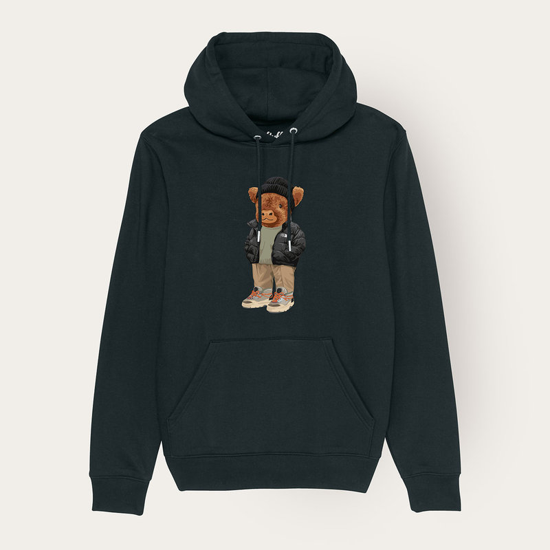 Soft unisex long-sleeved hoodie with a double layered hood and a kangaroo pocket at the front. Made of 85% organic cotton and 15% recycled polyester, featuring a full body Harvey print.