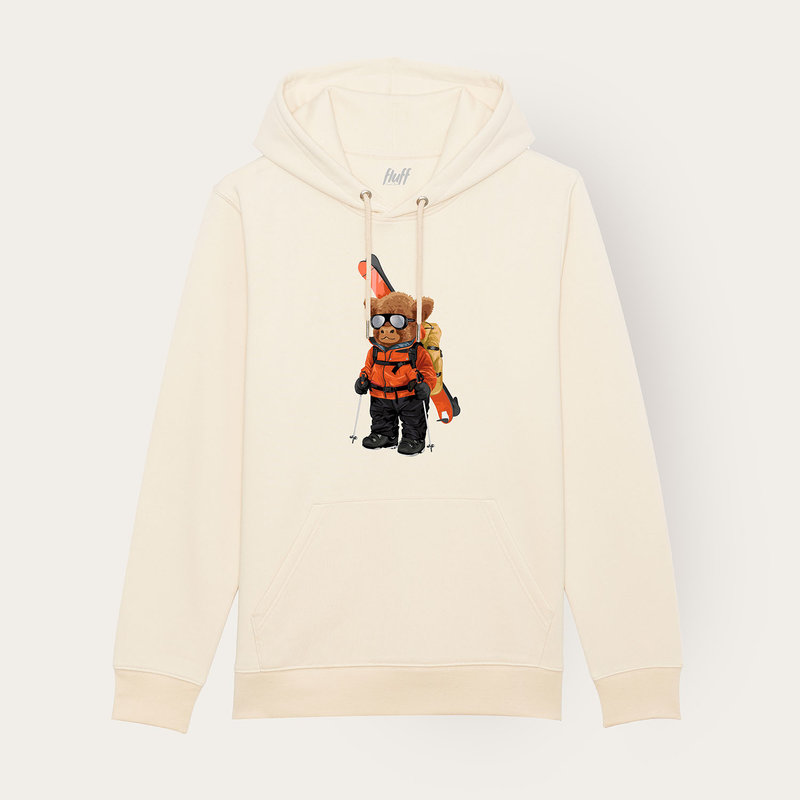 Soft unisex long-sleeved hoodie with a double layered hood and a kangaroo pocket at the front. Made of 85% organic cotton and 15% recycled polyester, featuring a full body Harvey print.