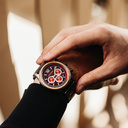 Apex Elite: Sophisticated wooden watches for men. Features Japanese Movement, chronograph, stainless steel, natural wood, red dial. Durable and stylish.