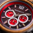 Apex Elite: Sophisticated wooden watches for men. Features Japanese Movement, chronograph, stainless steel, natural wood, red dial. Durable and stylish.