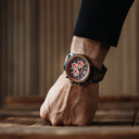Apex Elite: Sophisticated wooden watches for men. Features Japanese Movement, chronograph, stainless steel, natural wood, red dial. Durable and stylish.