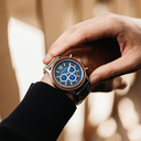 Apex Elite: Sophisticated wooden watches for men. Features Japanese Movement, chronograph, stainless steel, natural wood, blue dial. Durable and stylish.