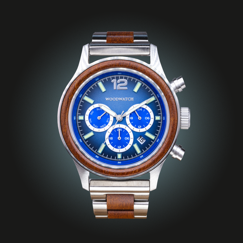 Apex Elite: Sophisticated wooden watches for men. Features Japanese Movement, chronograph, stainless steel, natural wood, blue dial. Durable and stylish.