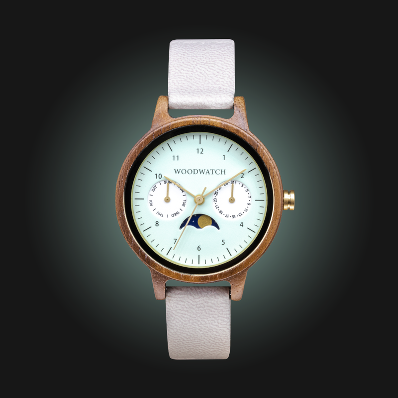 The Selene Mint Essence is crafted from walnut wood, featuring a mint green dial, brown vegan strap, and golden details.