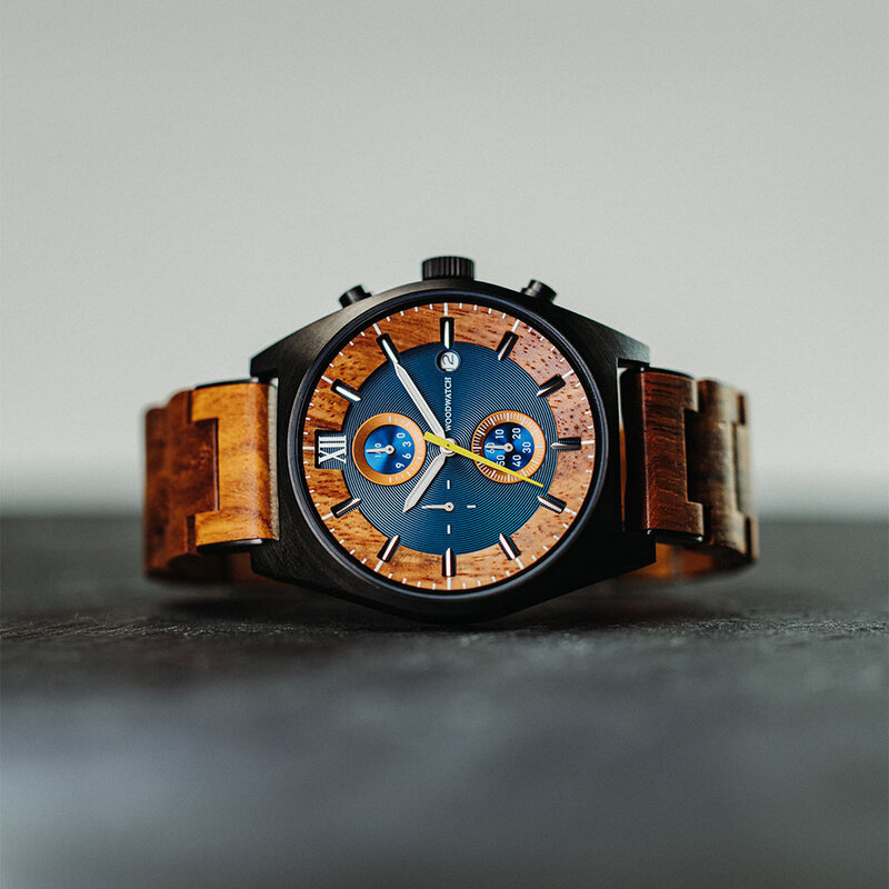 Oceanic is made of Kosso wood, featuring a blue dial.