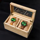 The men's CLASSIC Hunter watch has a classy slim case while featuring a unique moonphase movement and two extra subdials. The watch is made of North American Walnut Wood and features a green dial and golden-colored details. It is a perfect match with the