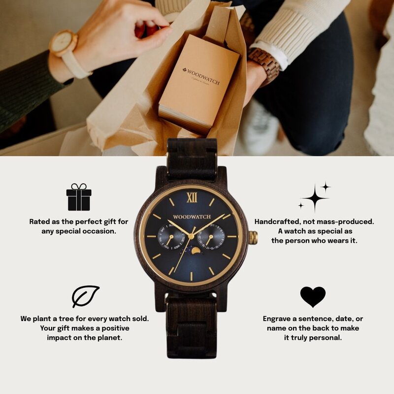 CLASSIC Kollektionen är en sofistikerad nytolkning av WoodWatchs klassiska design. Den tunna boetten ger ett elegant uttryck samtidigt som klockorna är försedda med en unik månfaskalender och två extra urtavlor för vecka och månad. CLASSIC Dark Sailor är