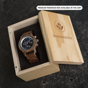 The CHRONUS Collection features a classic SEIKO VD54 chronograph movement, scratch resistant sapphire coated glass and stainless steel enforced strap links. The CHRONUS Sapphire Silver is made of American walnut wood and has a blue dial with silver detail