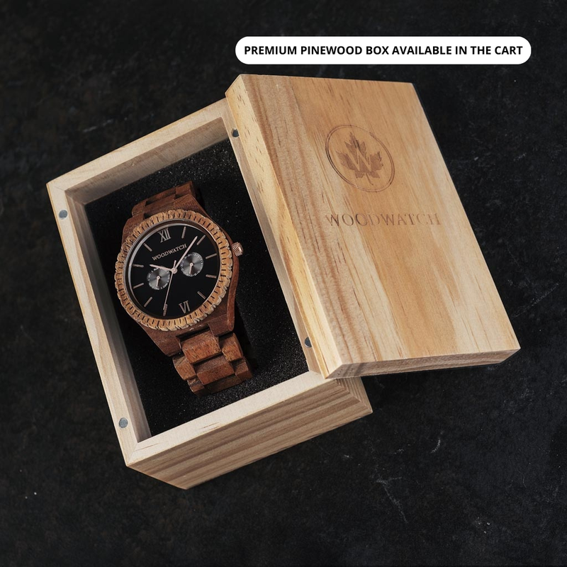This premium designed watch combines natural wood type with a luxurious stainless steel dial and backplate. At the heart of the timepiece is a multi-function movement with two subdials featuring a week and month display. The GRAND Dark Orion is made of Ac