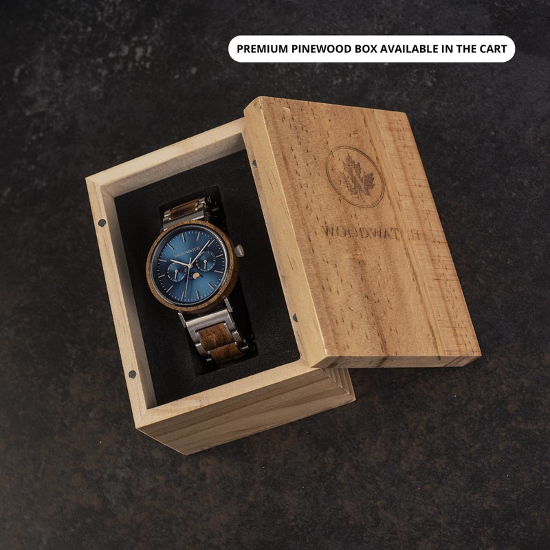 The ELEMENT Collection is comprised of four unique designs in the WoodWatch range, showcasing a combination of 316 stainless steel and wood. The 41mm diameter Cobalt Acacia watch features our characteristic moonphase movement and two subdials to display t