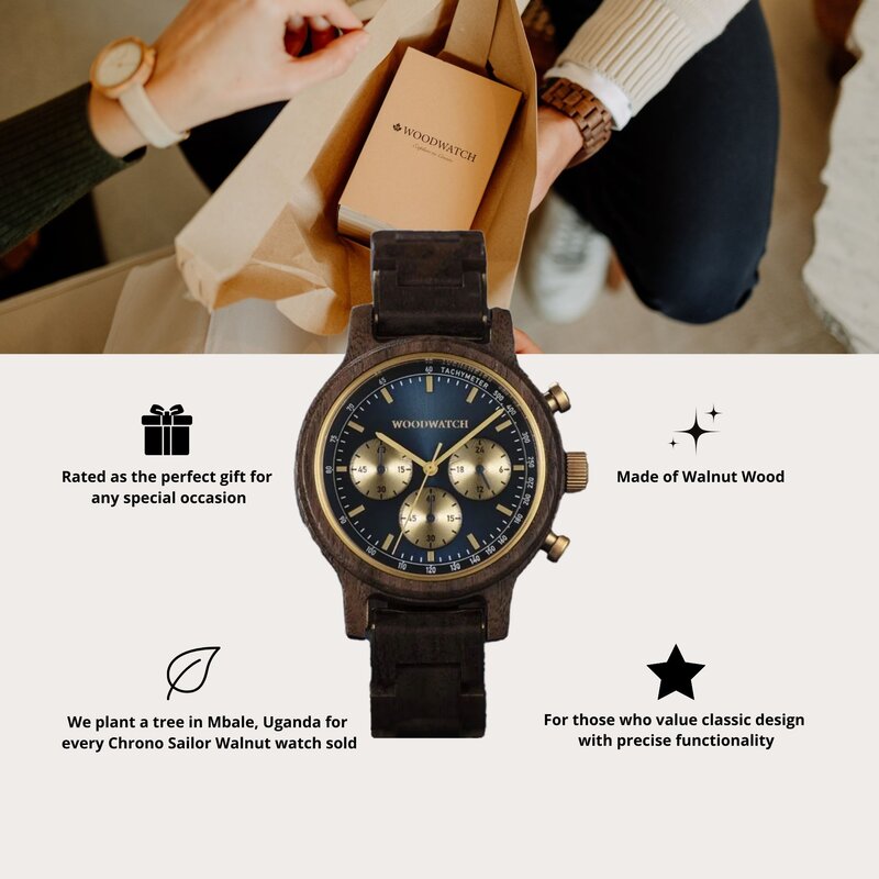 The Chrono Sailor Walnut is made from natural walnut wood and features a double layered deep blue dial with golden details.