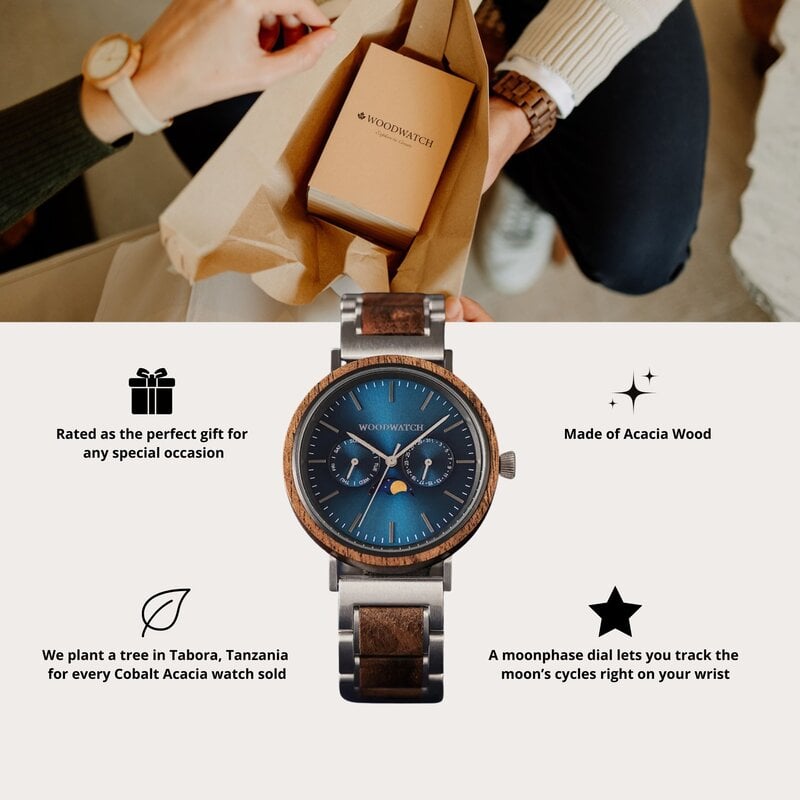 The ELEMENT Collection is comprised of four unique designs in the WoodWatch range, showcasing a combination of 316 stainless steel and wood. The 41mm diameter Cobalt Acacia watch features our characteristic moonphase movement and two subdials to display t