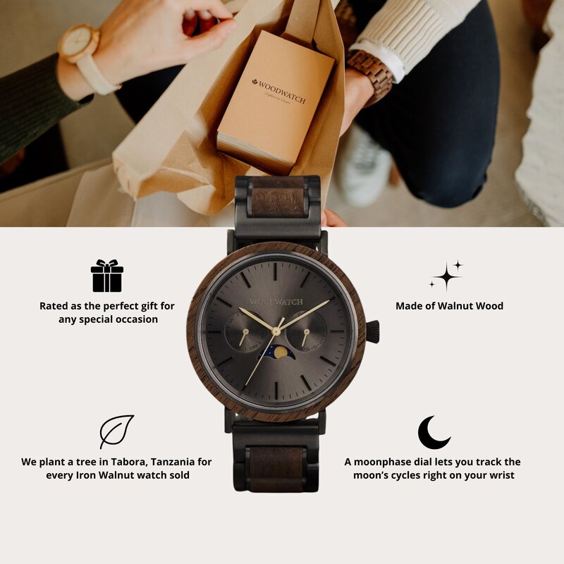 The ELEMENT Collection is comprised of four unique designs in the WoodWatch range, showcasing a combination of 316 stainless steel and wood. The 41mm diameter Iron Walnut watch features our characteristic moonphase movement and two subdials to display the