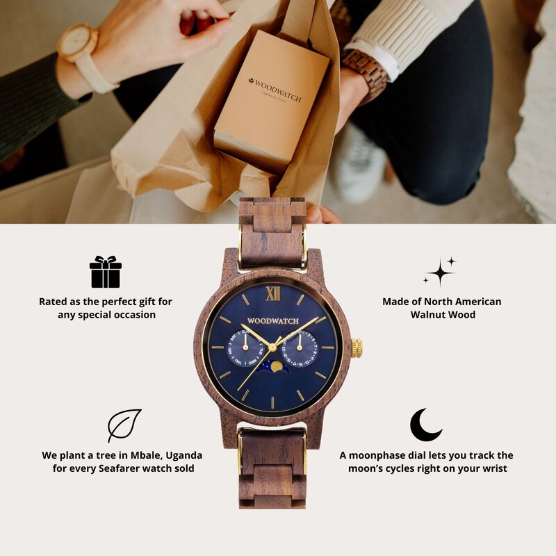 La colección CLASSIC reinventa la estética de un WoodWatch de una manera sofisticada. Los estuches delgados dan una impresión elegante mientras presentan un movimiento de fase lunar único y dos subesferas adicionales que muestran la semana y el mes. El CL