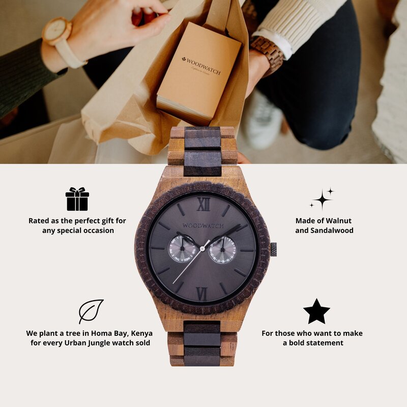 Este reloj con diseño premium combina nuevos tipos de madera únicos con lujosas esferas y tapa de acero inoxidable. El reloj lleva en su centro un completo y nuevo movimiento multi-función que incluye dos esferas extra que indican la semana y el mes. El G