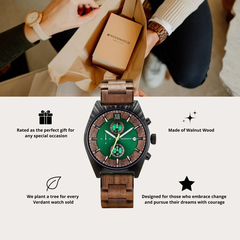 Verdant is made of Acacia wood, featuring a green dial.