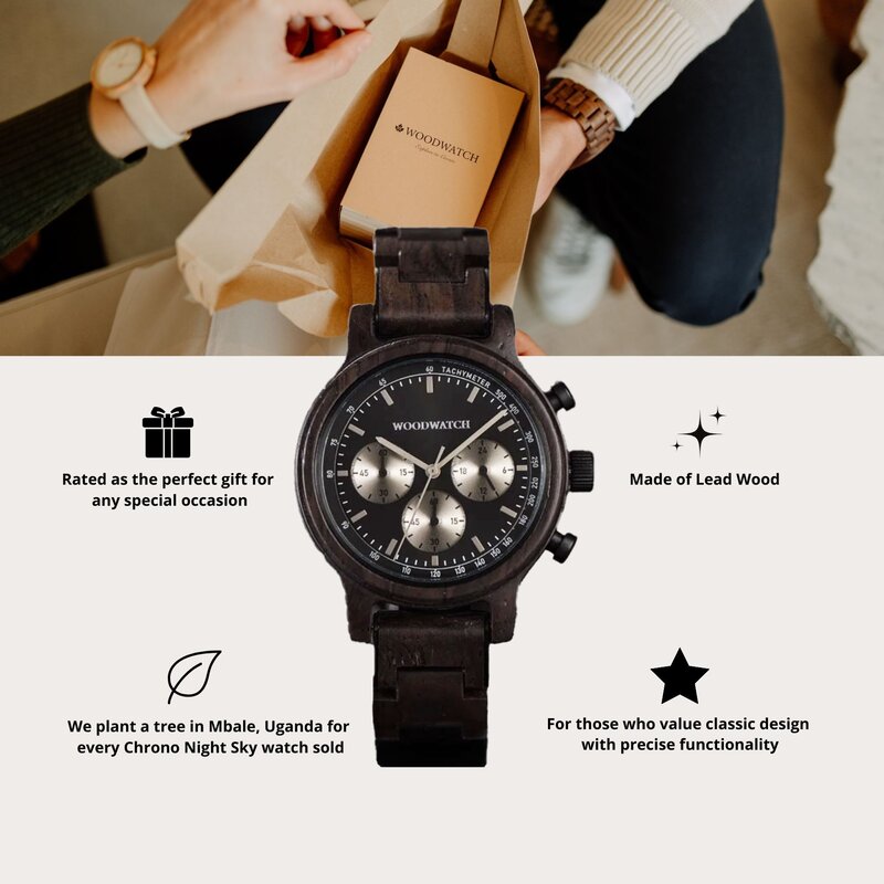 The Chrono Night Sky is made from leadwood and features a double layered deep black dial with silver details.