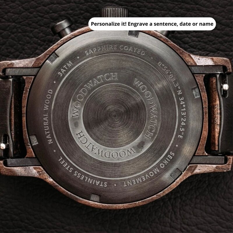 The Chrono Night Sky is made from leadwood and features a double layered deep black dial with silver details.