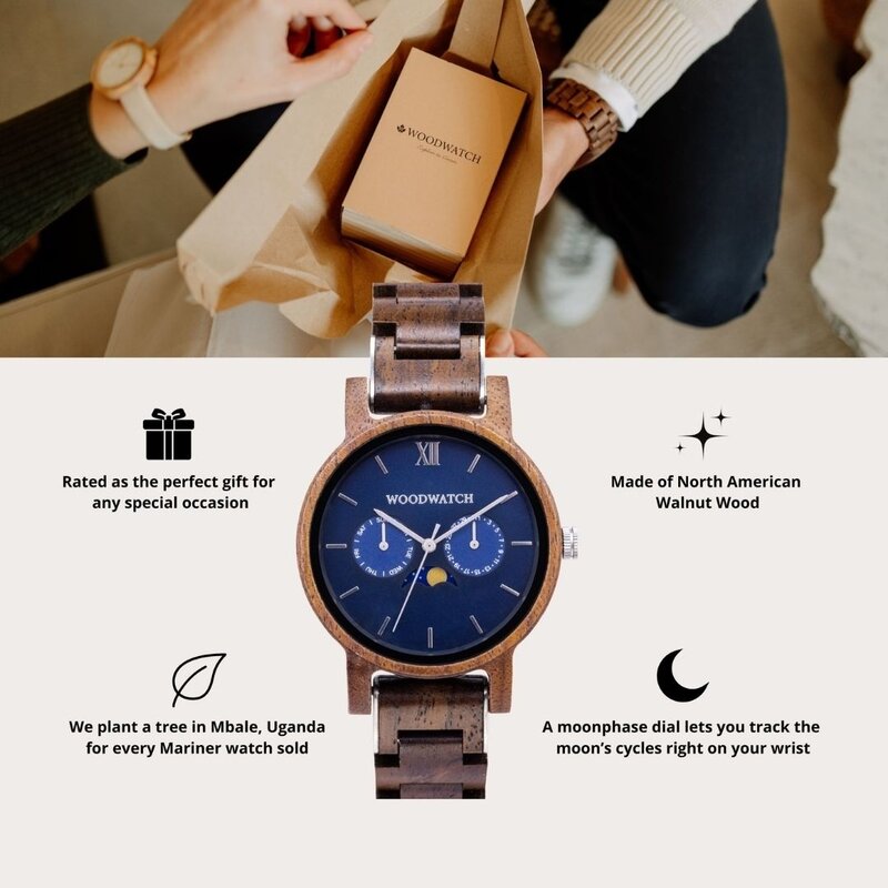 The CLASSIC Collection rethinks the aesthetic of a WoodWatch in a sophisticated way. The slim cases give a classy impression while featuring a unique a moonphase movement and two extra subdials featuring a week and month display. The CLASSIC Mariner is ma