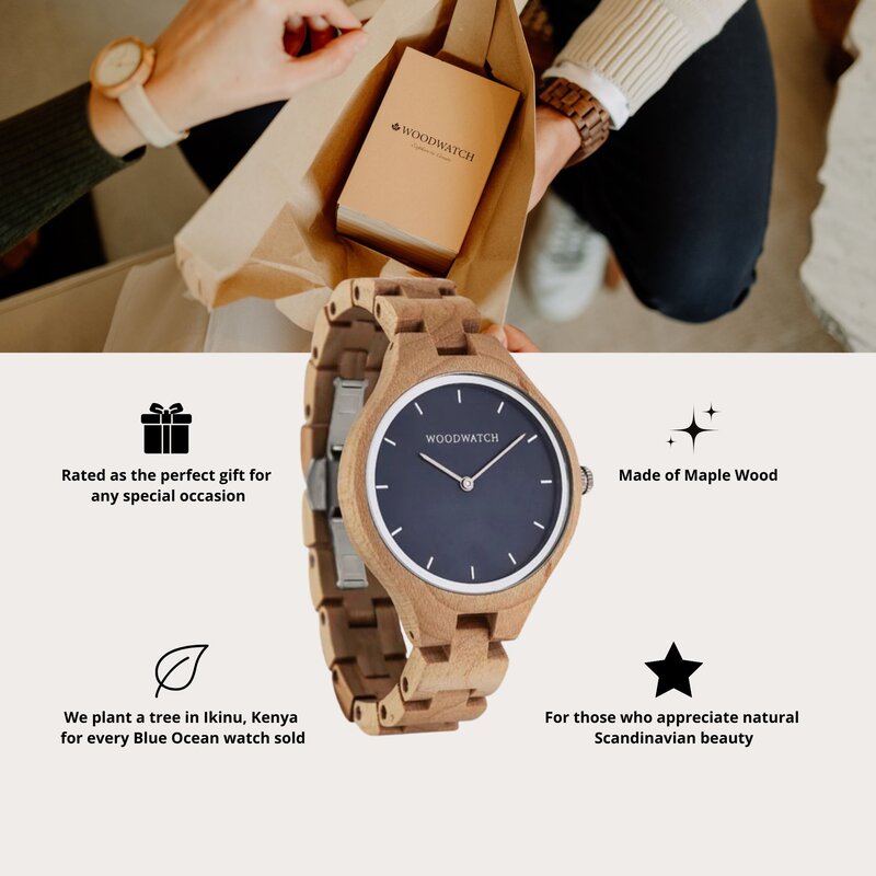 The AURORA Collection breaths the fresh air of Scandinavian nature and the astonishing views of the sky. This light weighing watch is made of Canadian Maplewood, accompanied by a blue stainless-steel dial with silver details.<br />
The watch is available with