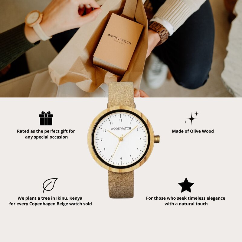 Inspired by contemporary Nordic minimalism. The NORDIC Copenhagen features a 36mm diameter white olive wood case with a white dial and gold details. Handmade from sustainably sourced wood and combined with an ultra soft beige sustainable vegan leather str