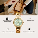 The Radiance Emerald Elegance is crafted from olive wood and stainless steel brushed gold, featuring a green dial and brushed gold metal details.