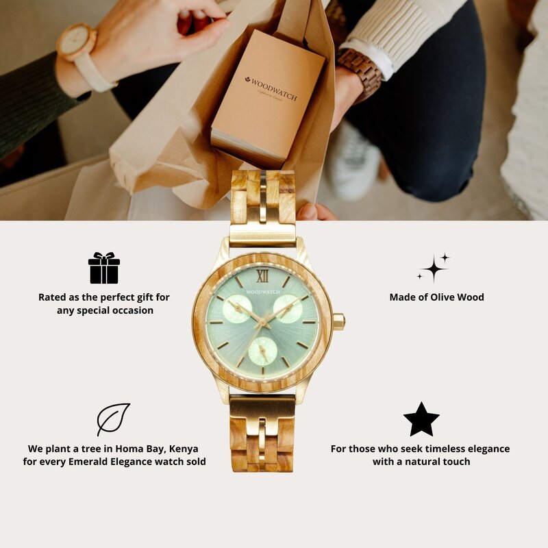 The Radiance Emerald Elegance is crafted from olive wood and stainless steel brushed gold, featuring a green dial and brushed gold metal details.