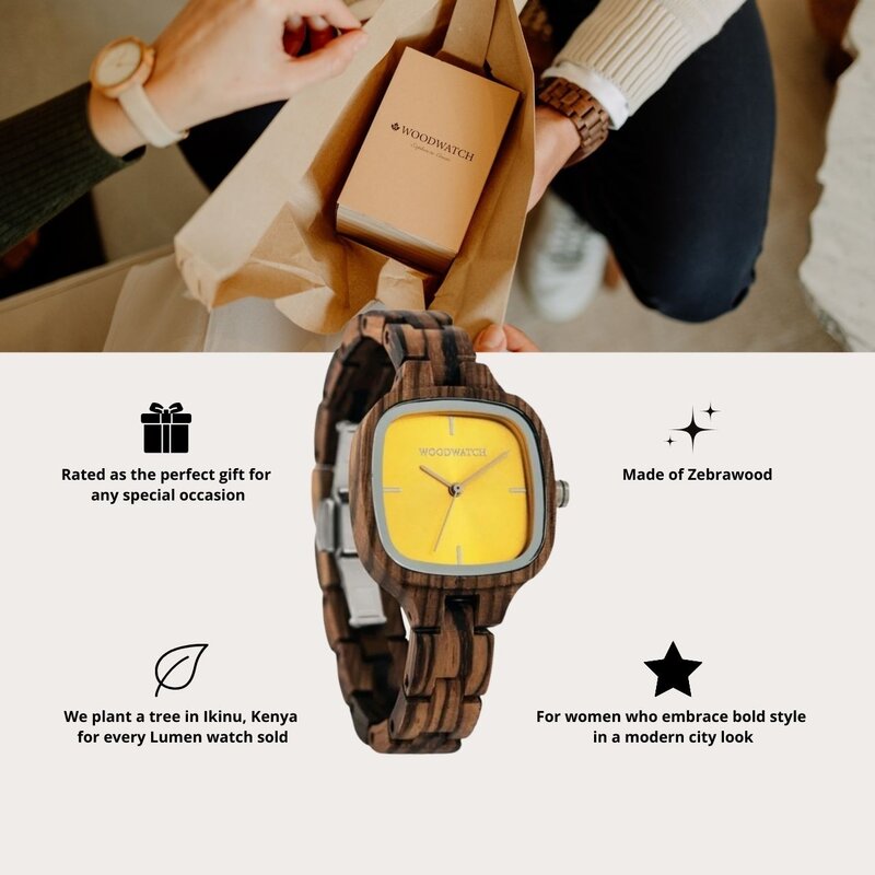 Il CITY Lumen è dotato di una scocca quadrata da 30mm con un quadrante gialla. Il cinturino è realizzato in legno di zebrano rifinito a mano alla perfezione per creare il nostro design a dimensioni ridotte più recente.