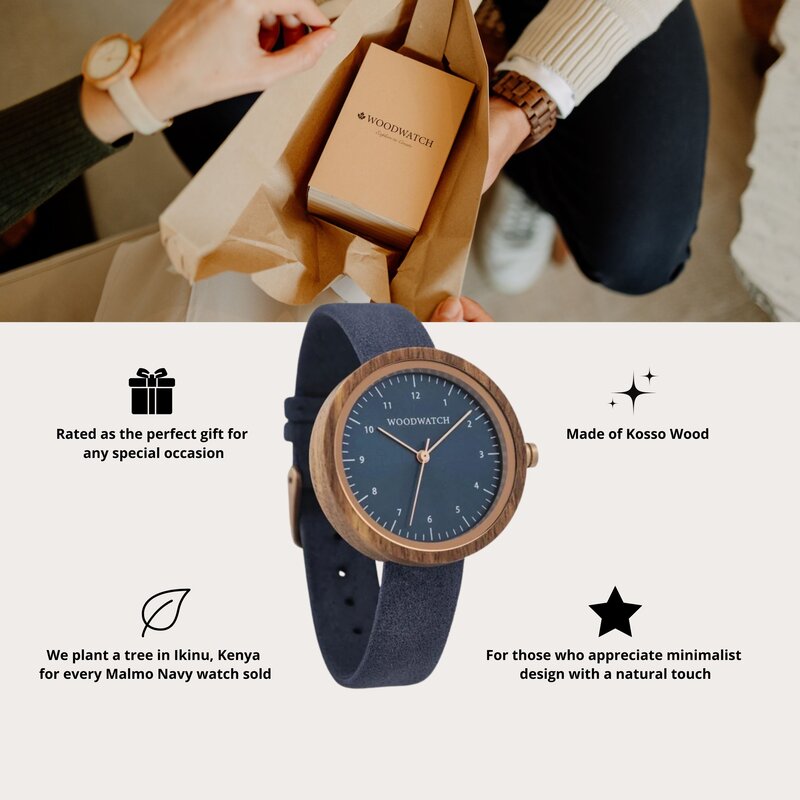 Inspirado en el minimalismo nórdico contemporáneo. El NORDIC Malmo Navy presenta una caja de madera de kosso de 36 milímetros de diámetro con esfera azul y detalles dorados. Hecho a mano. De madera de orígen sostenible combinado con una correa de cuero ve