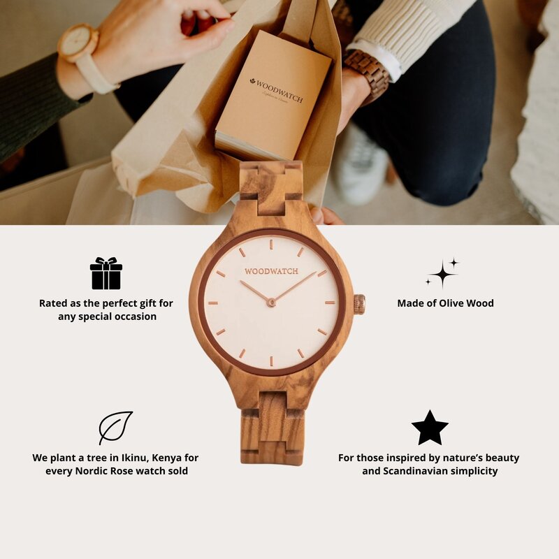 The AURORA Collection breaths the fresh air of Scandinavian nature and the astonishing views of the sky. This light weighing watch is made of European Olive Wood, accompanied by a light stainless-steel dial with a rose gold highlight and shining rose gold