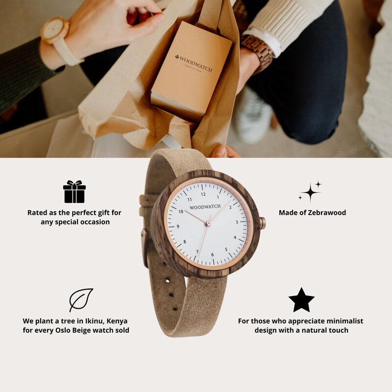 Inspirerad av modern nordisk minimalism NORDIC Oslo Beige har detaljer i zebraträ med vit urtavla och silver roseguld som är 36 mm i diameter. Handtillverkade av hållbart framställt trä kombinerat med ett ultramjukt Beige vegansk läderband.
