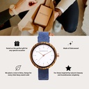 Il NORDIC Oslo Navy è dotato di una scocca in legno zebrano da 36 mm con un quadrante bianco e dettagli in oro rosa. Fatto a mano da legno ricavato in modo sostenibile combinato con un cinturino blu in pelle vegan, eco-friendly e ultra-morbido.